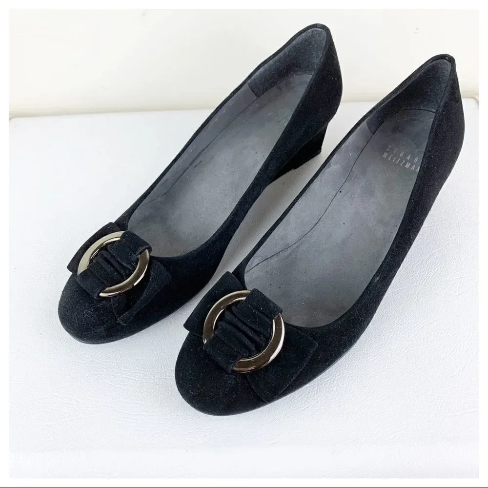 Stuart‎ Weitzman Caring Black Suede Low Wedge Silver Ring Accent 8.5